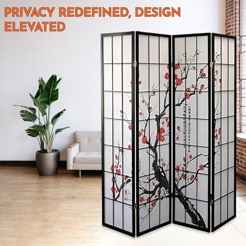 Legacy Decor 4-Panel Blossom Screen Portable Foldable Shoji Room Divider Black K541964