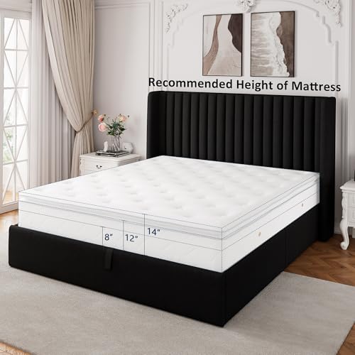 Full Size Lift Up Storage Bed with Wingback Headboard, White Y8002