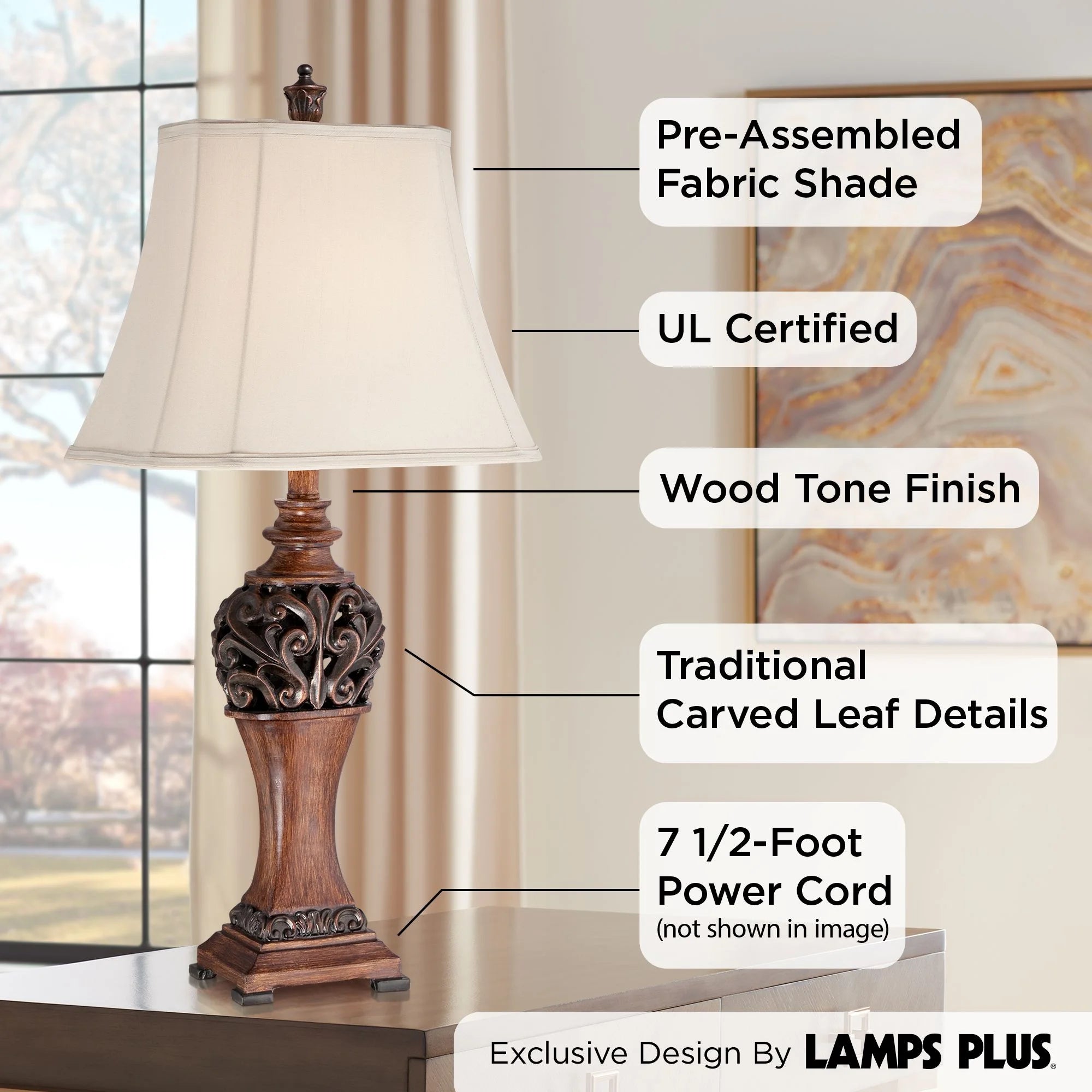 Regency Hill Exeter Table Lamps 30" Set of 2 Bronze Wood Carved Leaf Shade P490