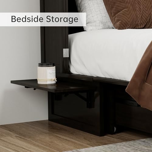 Solid Wood Murphy Bed Cabinet Full with USB Charging Ports and Storage Drawer, Ebony D190415
