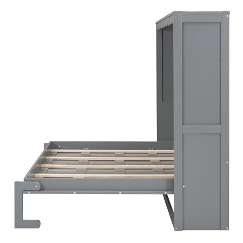 Merax Modern Farmhouse Solid Wood Murphy Cabinet Bed Queen Gray L422