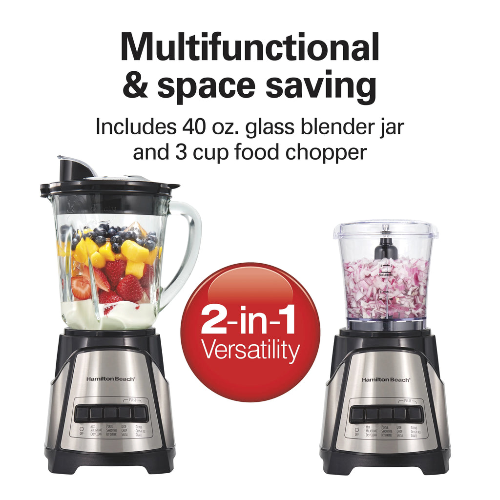 Hamilton Beach Power Elite Multi-Function Blender with 40 oz. Glass Jar and 3-Cup Chopper, 700 Watts, Stainless Steel F681