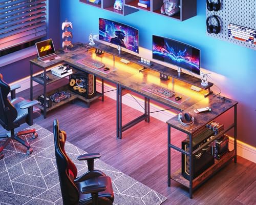 ODK 48 Inch L Shaped Gaming Desk with USB Charging Ports and LED Lights S136