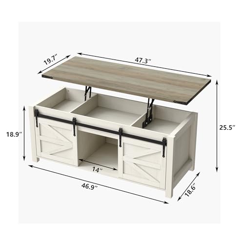 47.3" Lift Top Coffee Table with Storage and Barn Doors, White and Grey I616078