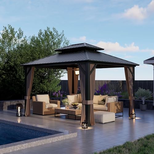 10'x12' Hardtop Gazebo with Galvanized Steel Roof and Privacy Curtains B7308
