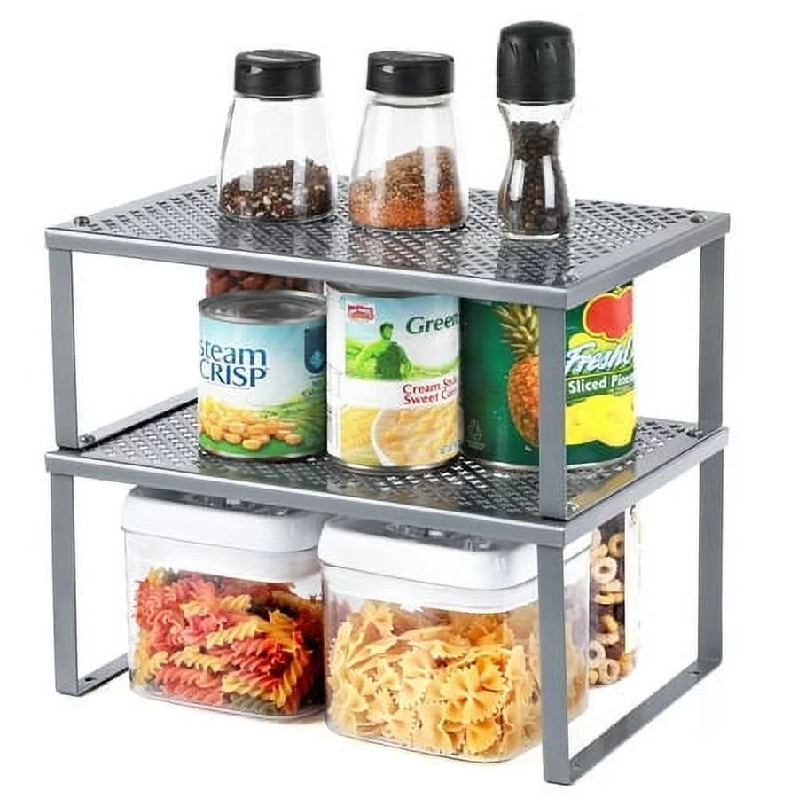 SONGMICS Cabinet Shelf Organizer Kitchen Counter Shelves Riser Set of 2 Silver