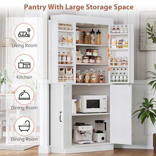 Corner Pantry Cabinet with 4 Doors and Shelves, White K361