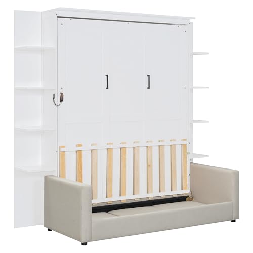 PURLOVE Queen Murphy Bed with Sofa, Wood Slat Support, Gray E27008