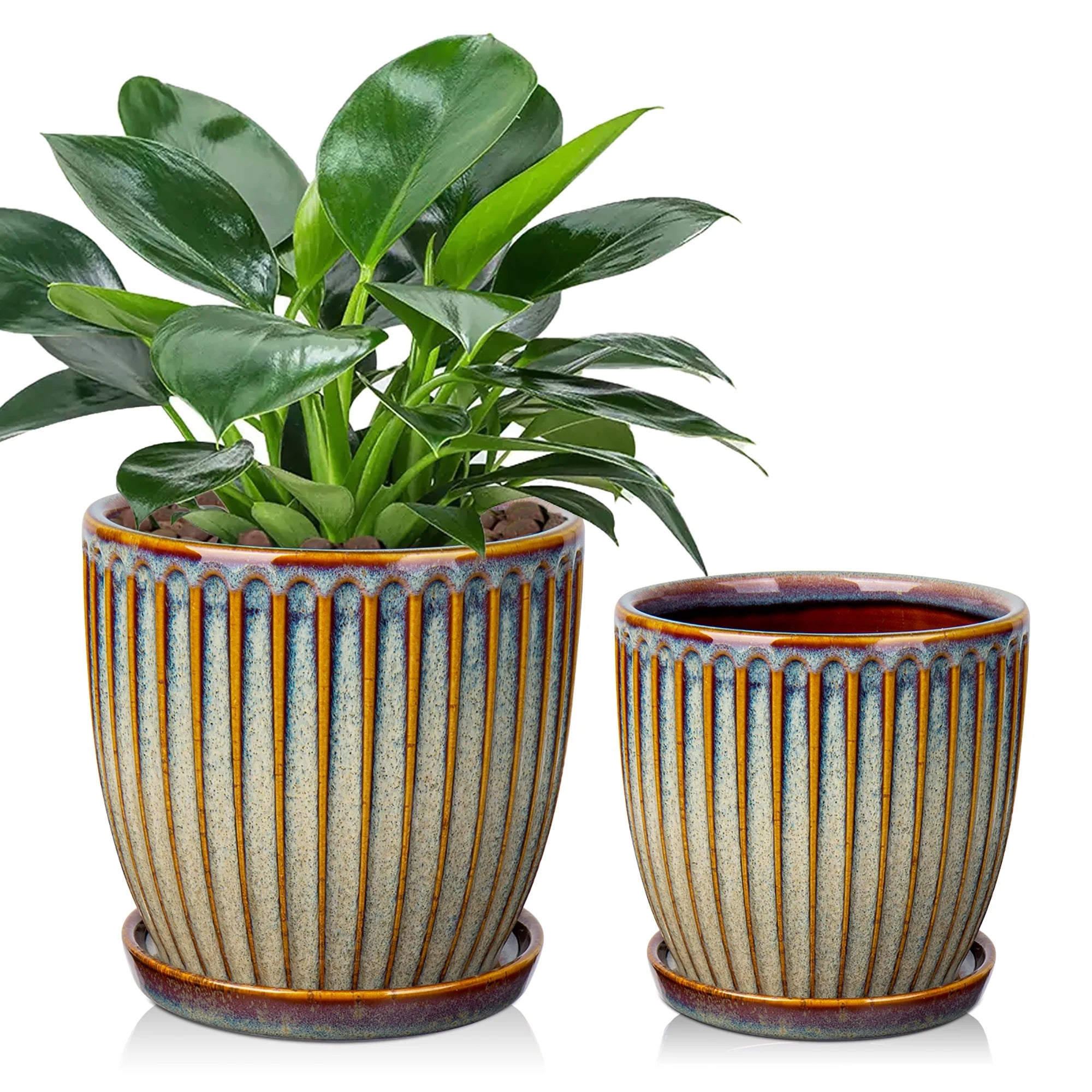 2 Pcs Ceramic Plant Pots with Saucer, 4.9 & 5.7 inch, Brown A251