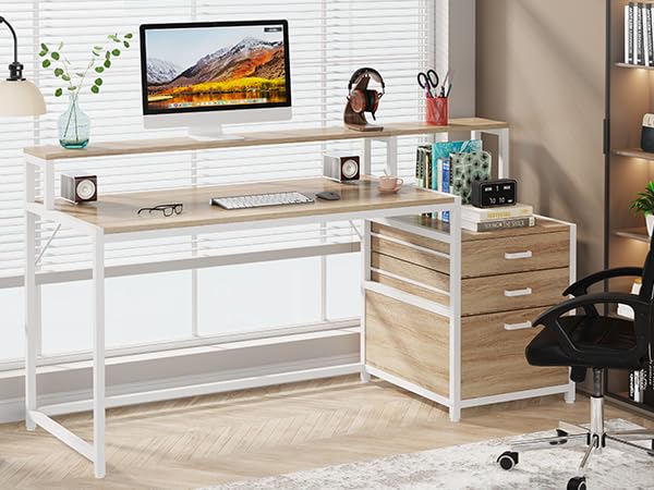 Tribesigns 63 Inch Computer Desk with File Drawer Cabinet, Monitor Stand R256671