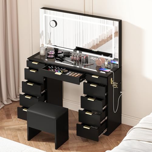 Farmhouse Vanity Desk with Lighted Mirror & Stool, 8 Shelves, 5 Drawers L80251