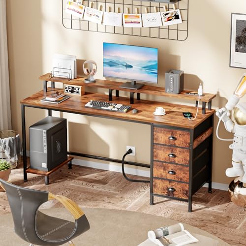 Furologee 47" Computer Gaming Desk with Monitor Stand, 4 Fabric Drawers & Power Outlets, Rustic Brown U645888