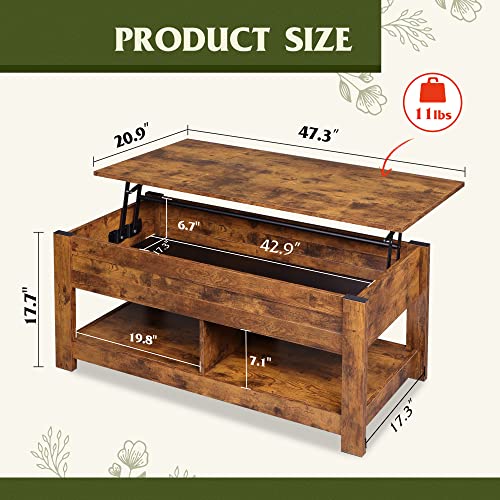 WLIVE Lift Top Coffee Table with Storage Shelf, Rustic Brown Z11463