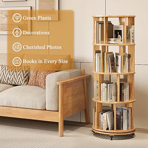 6 Tier Rotating Bookshelf Tower with Swivel Wheels, Solid Wood, Walnut B588