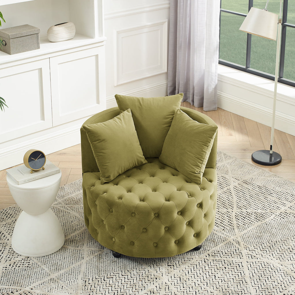 Buumin Velvet Upholstered Swivel Chair with 3 Pillows, Khaki Green Y892