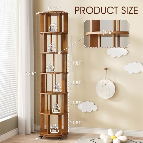 6 Tier Rotating Bookshelf Tower with Swivel Wheels, Solid Wood, Walnut B588
