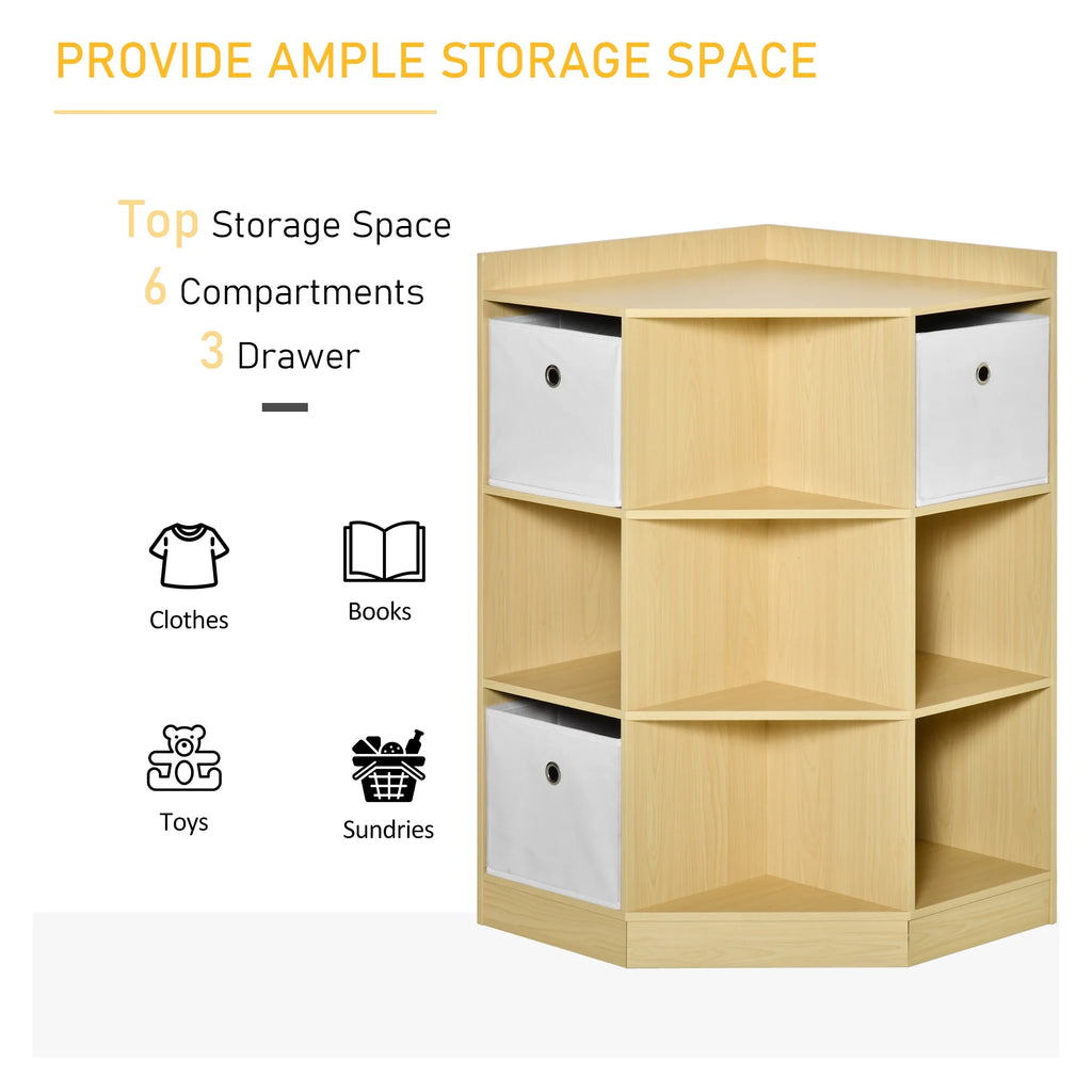 HOMCOM Kids Corner Cabinet Toy Storage Organizer with 3 Baskets, Natural A5695