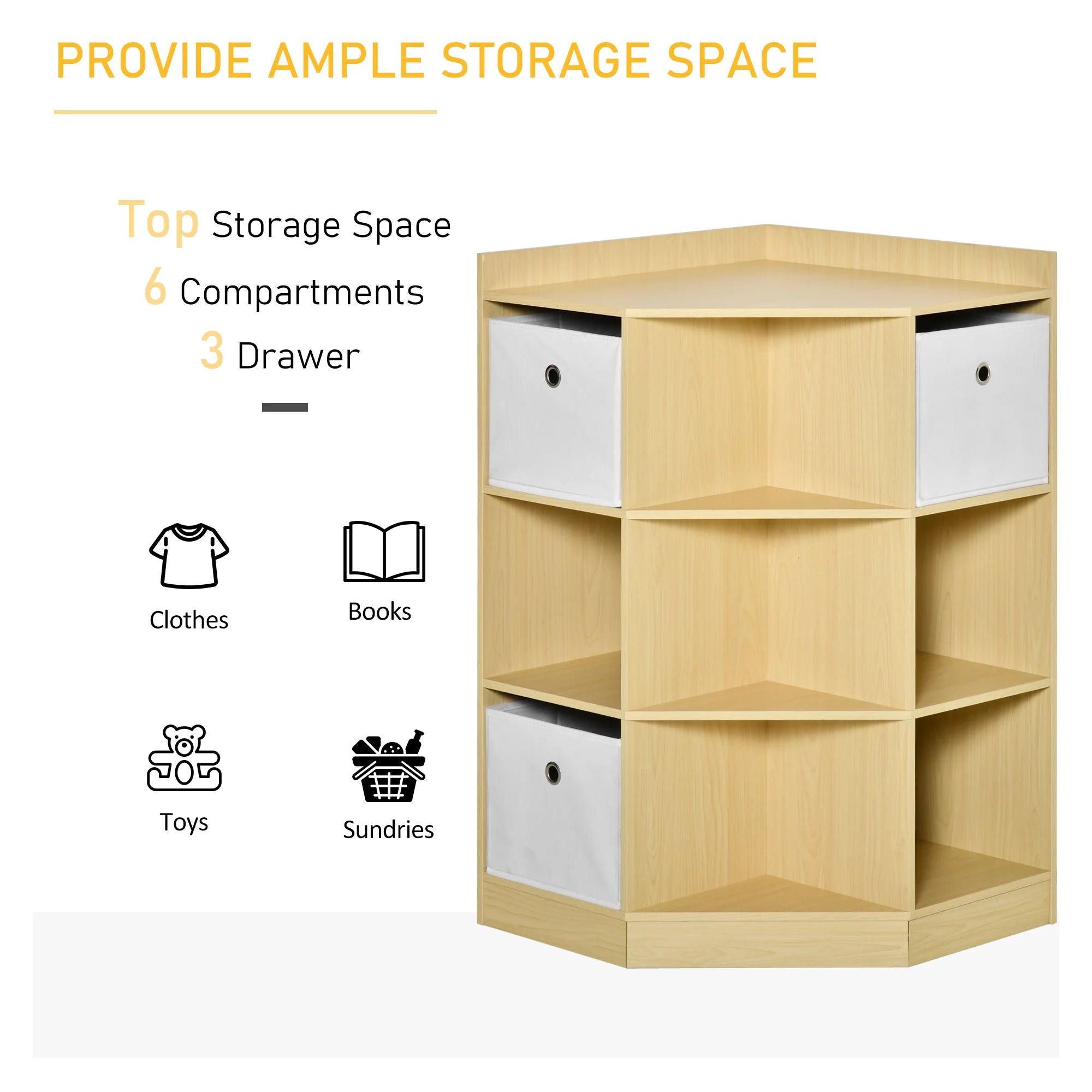HOMCOM Kids Corner Cabinet Toy Storage Organizer with 3 Baskets, Natural A5695