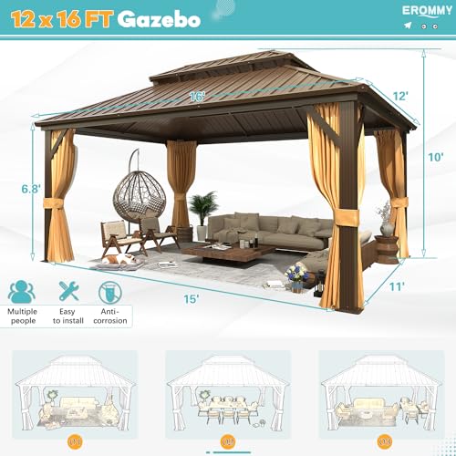 EROMMY 14'x20' Hardtop Gazebo Double Roof Galvanized Steel Outdoor Pavilion G3084