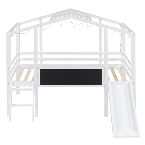 Harper & Bright Designs Kids Twin Low Loft Bed with Slide, Storage Shelves & Stairs, White/Pink C414827