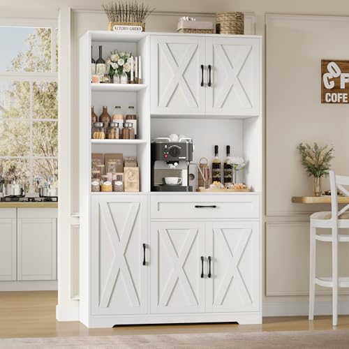 HOSTACK 71" Tall Kitchen Pantry Storage Cabinet with Microwave Stand, Barn Doors, Ash Grey H766476