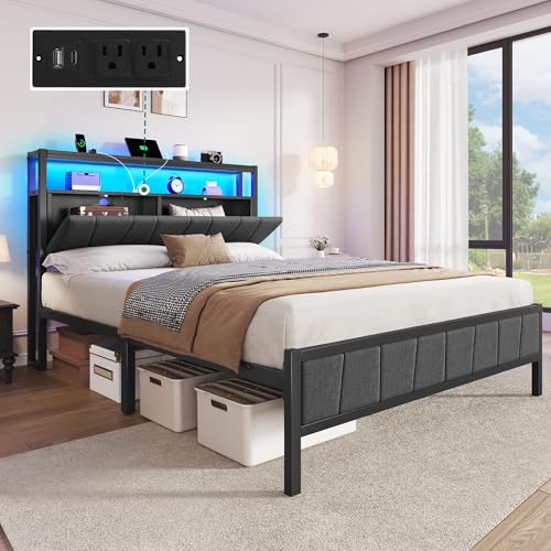YITAHOME Queen Bed Frame with Storage Headboard, LED, Charging Station, Gray X281055