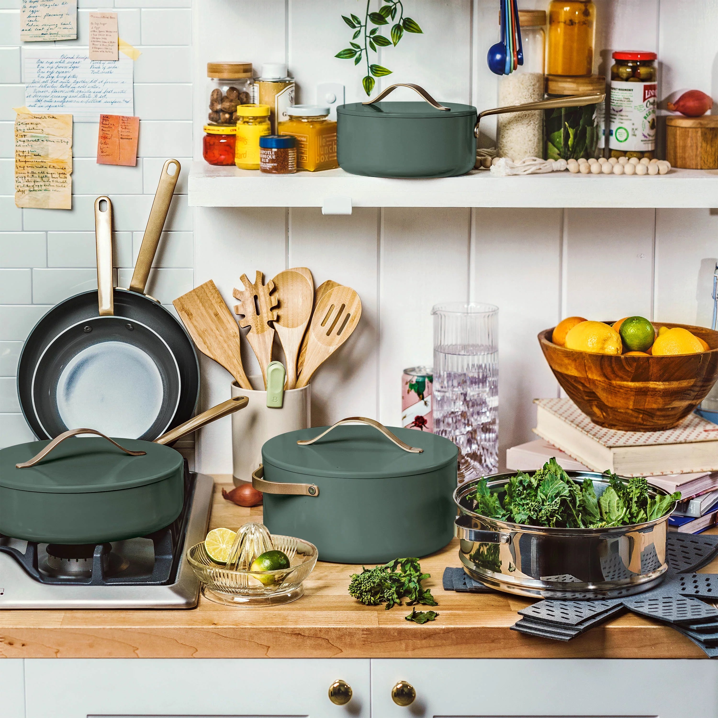 Beautiful 20pc Ceramic Non-Stick Cookware Set, Thyme Green by Drew Barrymore Y656