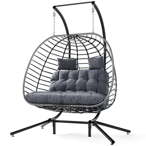 SWITTE Double Egg Swing Chair with Stand, Outdoor Patio Hanging Wicker Hammock with Cushion, Dark Grey X8839