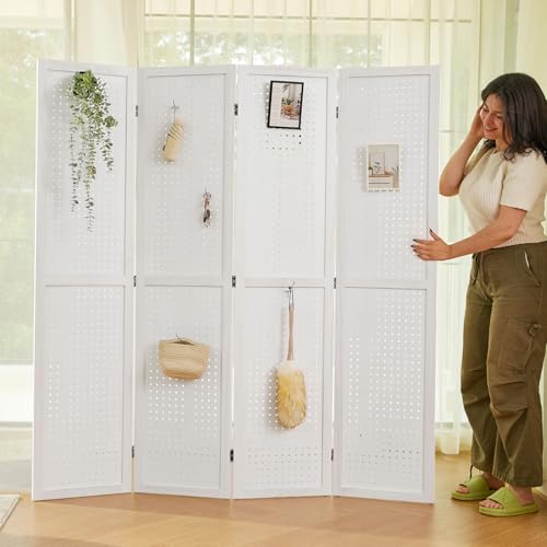 Pegboard Display 5.6Ft Wooden Room Divider Folding Privacy Screen Freestanding Wall Organizer, 4 Panels, Natural C603
