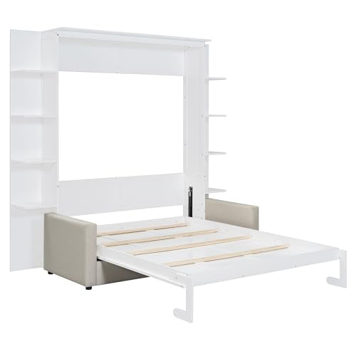 PURLOVE Queen Murphy Bed with Sofa, Wood Slat Support, Gray E27008
