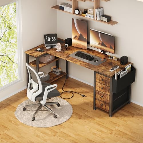 Lufeiya L Shaped Gaming Desk with Drawers & Power Outlet, Black A39519