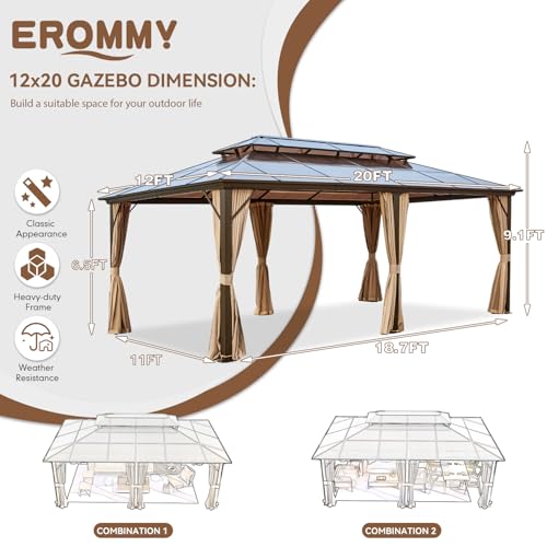 EROMMY 10' x 12' Hardtop Gazebo with Aluminum Frame and Double Roof Q573