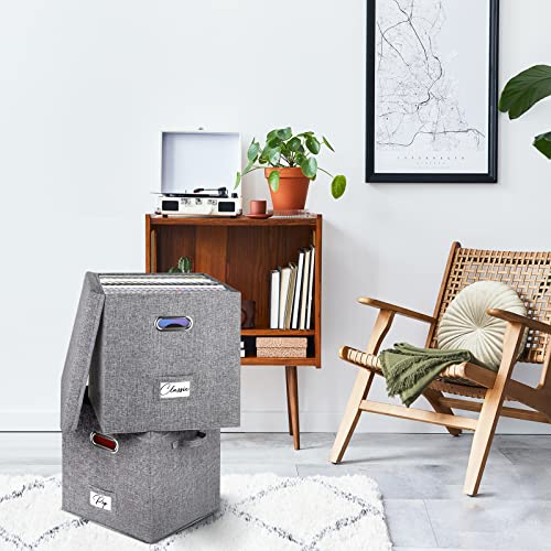 Vinyl Record Storage Box for 50 LPs, Stackable Linen Crate with Lid P294298