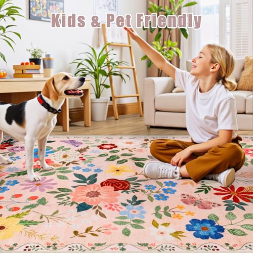 8x10 Floral Washable Area Rug for Living Room, Vintage Soft Non-Slip Carpet Z978379
