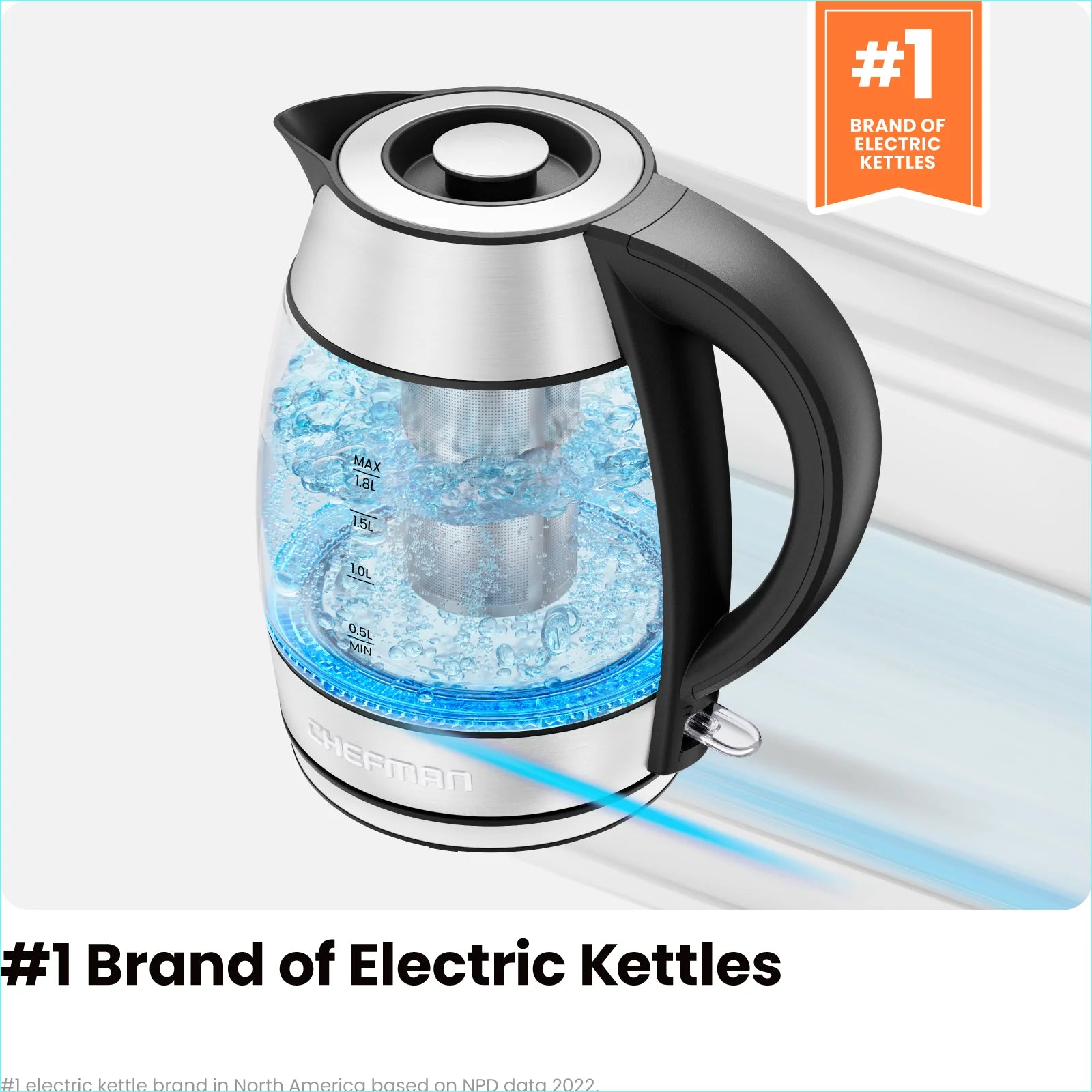 Chefman 1.8L Electric Glass Kettle with Removable Tea Infuser Z5367
