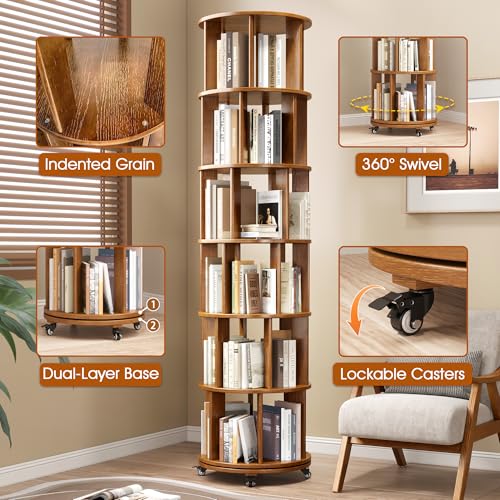 6 Tier Rotating Bookshelf Tower with Swivel Wheels, Solid Wood, Walnut B588
