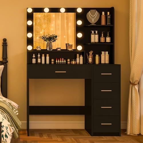 Quimoo Makeup Vanity Desk with Mirror & Lights, 5 Drawers, White Y954