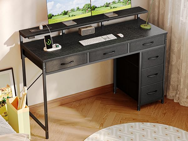 Huuger Gaming Desk with 6 Drawers, LED Lights, 47 Inch, Black N423283