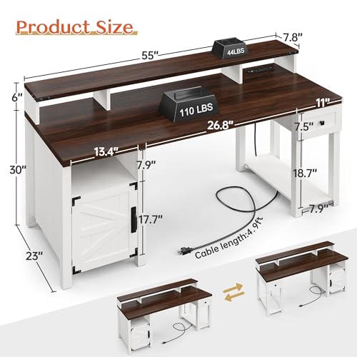 EnHomee Farmhouse Office Desk with Drawer & Power Outlets, Ash Gray K849