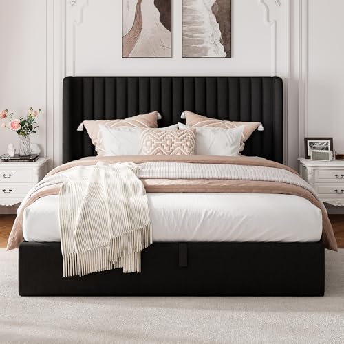Full Size Lift Up Storage Bed with Wingback Headboard, White Y8002