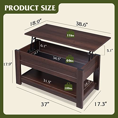 WLIVE Lift Top Coffee Table with Storage Shelf, Rustic Brown Z11463