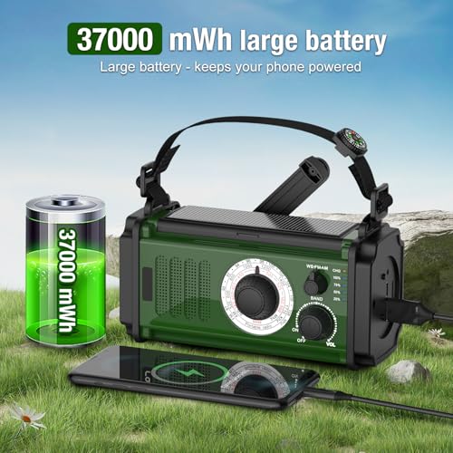 Emergency Radio 37000mWh Hand Crank Solar NOAA AM/FM Weather with Flashlight Power Bank W636