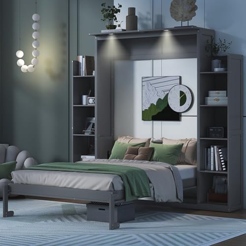 Merax Queen Size Wood Murphy Bed with LED Lights and Shelves, Grey K26344