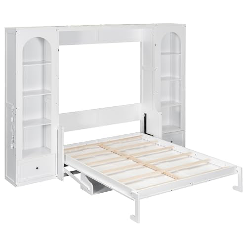 Merax Queen Murphy Bed Wall Bed with Sofa and Cushion, White V57291