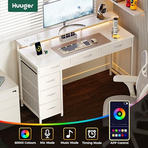 Huuger Gaming Desk with 6 Drawers, LED Lights, 47 Inch, Black N423283