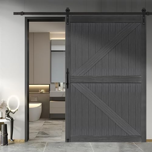 S&Z TOPHAND® 20 in x 84 in Elephant Gray British Brace Knotty Barn Door with 4FT Sliding Hardware Kit G149446