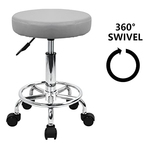 KKTONER PU Leather Round Rolling Stool with Foot Rest Swivel Height Adjustment (Pink) Q8561