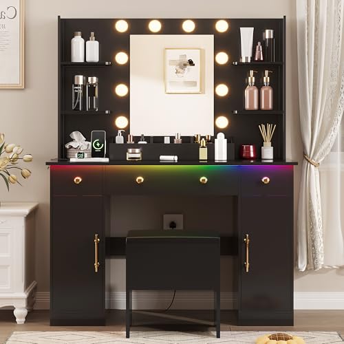White Vanity Desk with Mirror and Lights, Charging Station and Stool Z6519