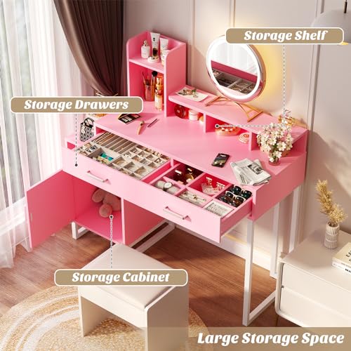 White Vanity Desk with Power Outlet and Storage Y378
