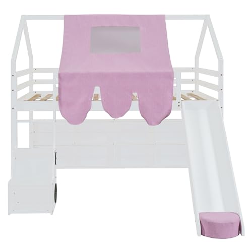 Harper & Bright Designs Kids Twin Low Loft Bed with Slide, Storage Shelves & Stairs, White/Pink C414827